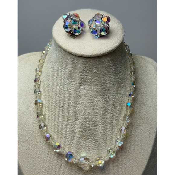 Vintage 16" Clear Faceted AB Crystal Glass Bead Necklace & Matching Clip Earring - Picture 1 of 5